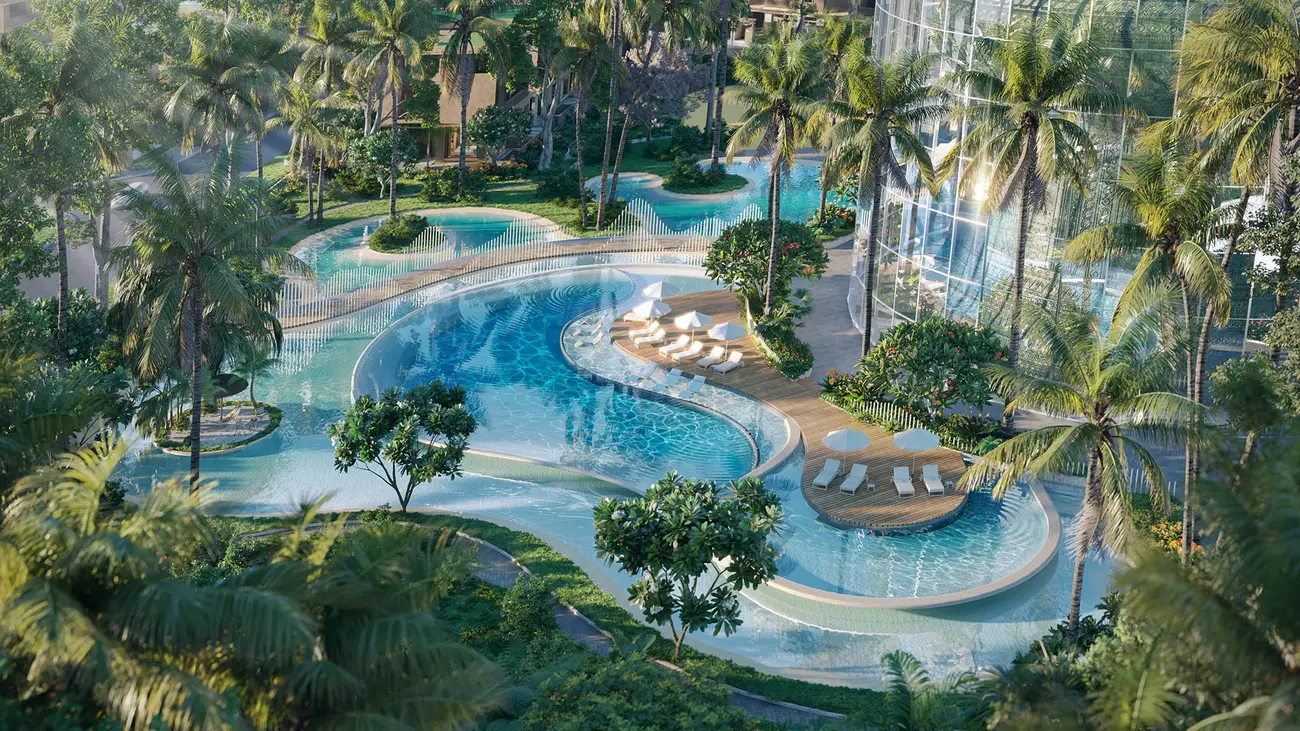 Hồ bơi vô cực tại La Tiên KDI Holdings với thiết kế hòa nhập thiên nhiên, tạo nên trải nghiệm nghỉ dưỡng hoàn hảo.